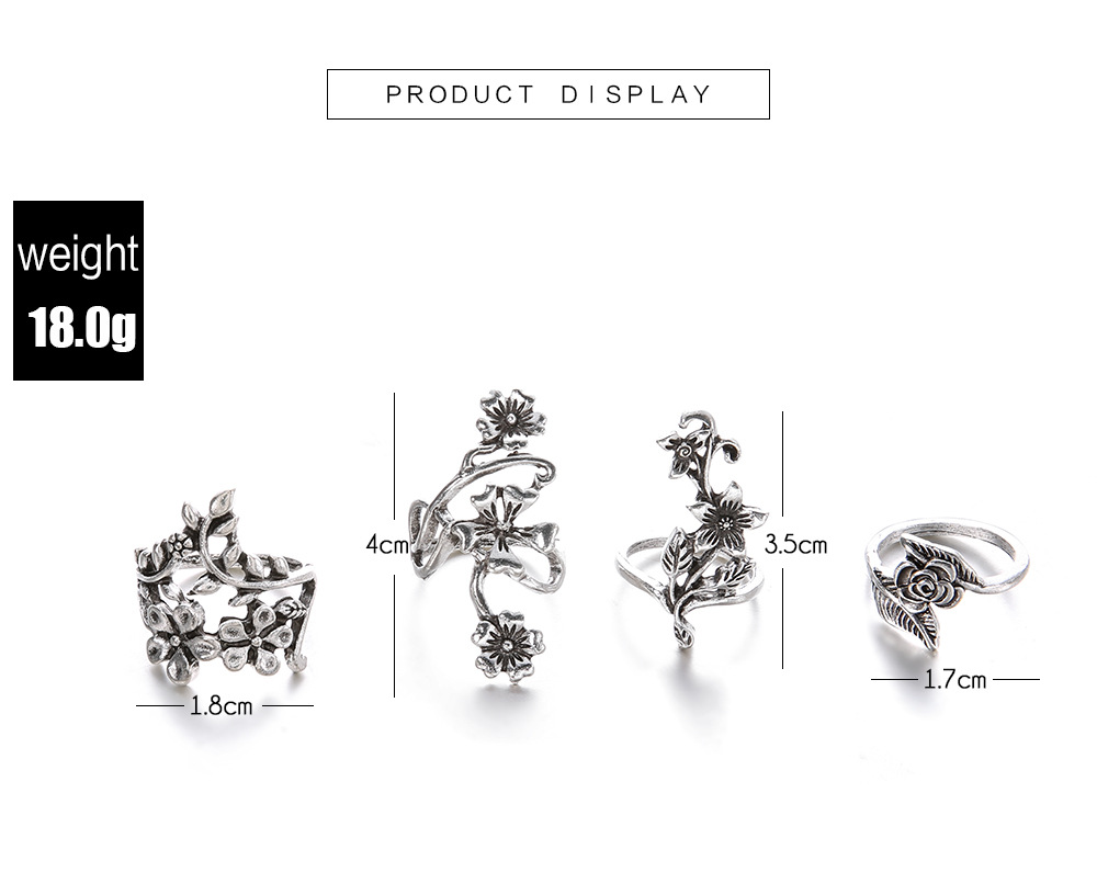 New Fashion Style Alloy Ancient Silver Hollow Flower Leaf Ring 4-piece Set display picture 2
