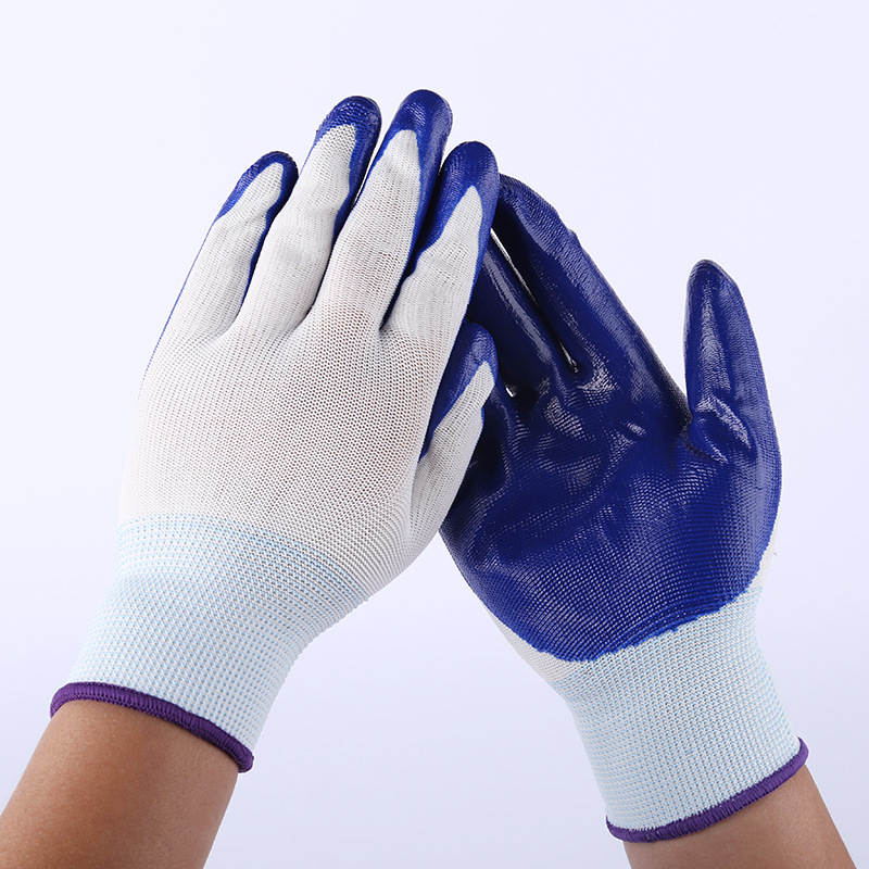 手套耐磨批发尼龙丁晴手套蓝色劳保手套浸胶工作防护手套工地劳动