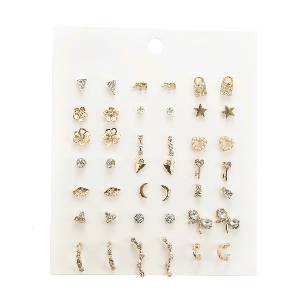 Fashion Rhinestone Pearl Lock Bow Heart Star Earrings 21 Pairs Wholesale Nihaojewelry display picture 5