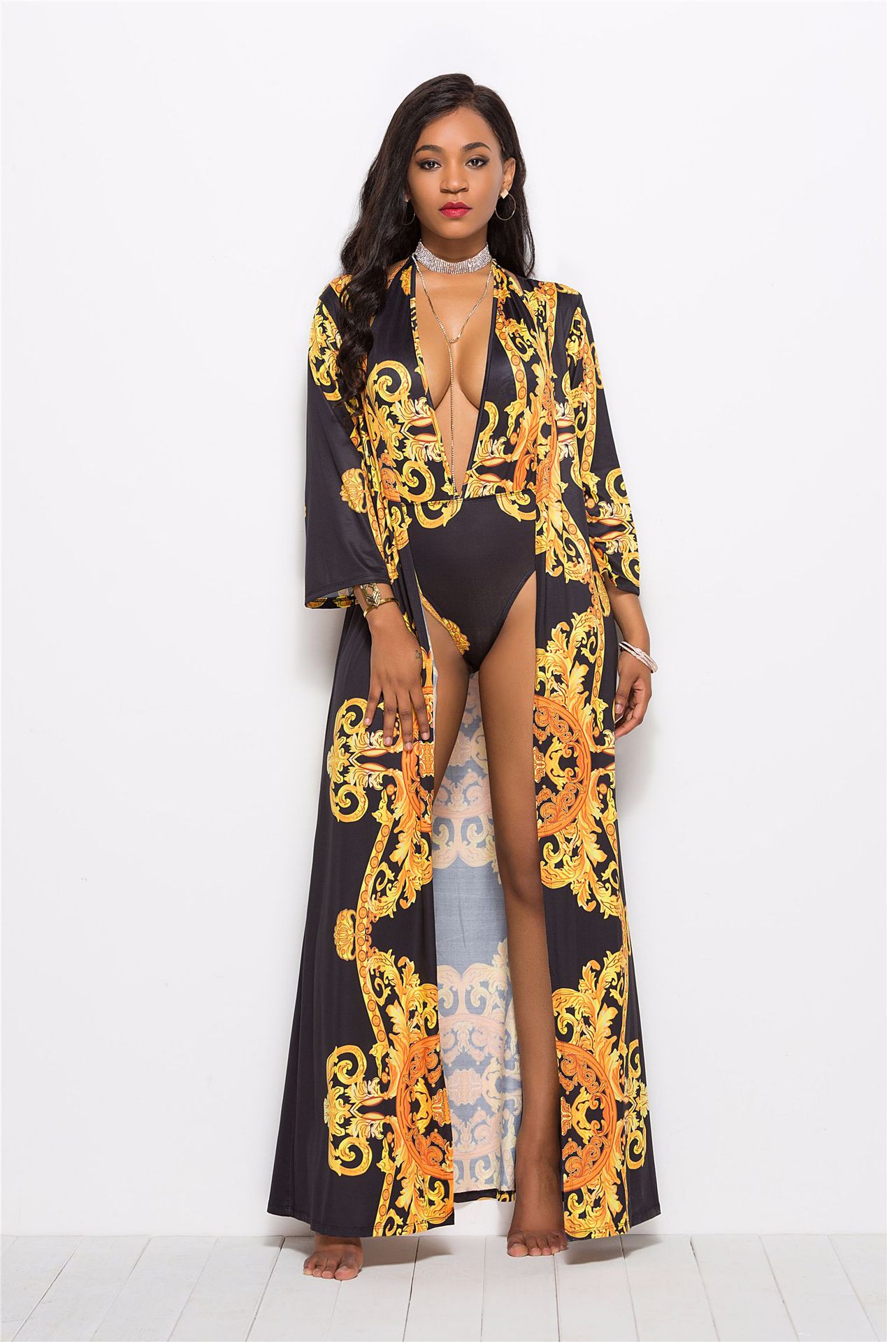 golden printed V neck one-piece swimsuit & cloak set NSLM44335