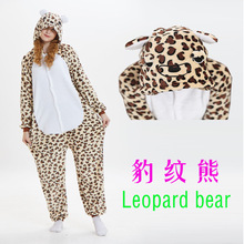 法兰绒豹纹小熊动物连体睡衣长袖秋冬卡通如厕版情侣男女