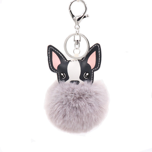 Cute puppy fur ball keychain PU leather creative puppy plush bag car pendant promotional small gift