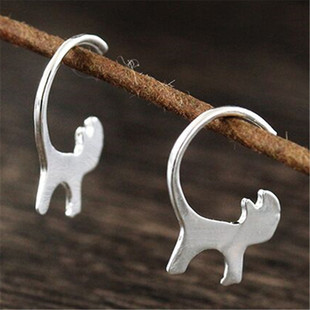New Popular Plain Silver Brushed Cat Earrings Cute Cat Little Girl Ear Hook Ear Jewelry