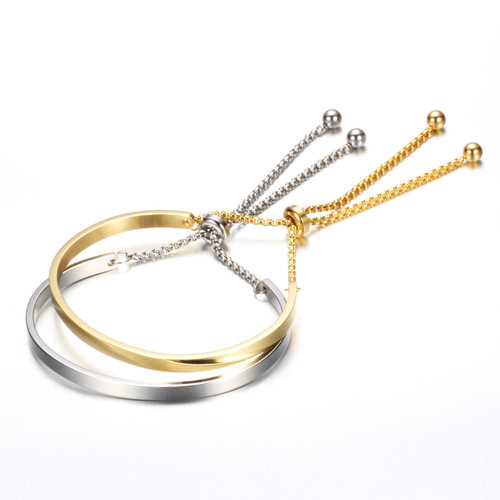 Wish simple new Ins internet celebrity style pearl chain titanium steel half ring two-color semi-adjustable bracelet stainless steel for women