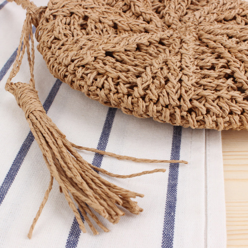 A round tassel women straddle straw bag, hand-made one shoulder woven bag, Sun Beach Bag