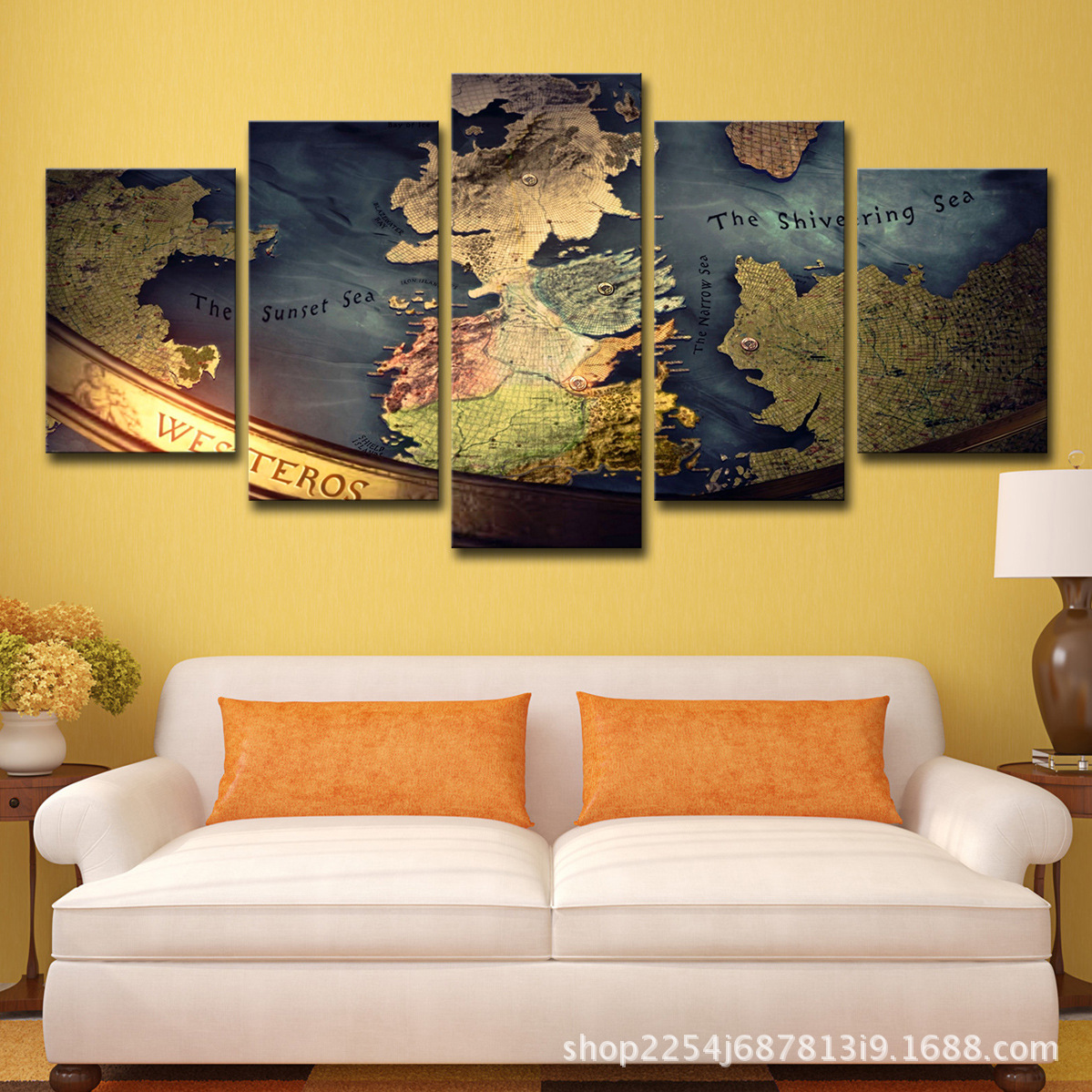 跨境货源 HD打印客厅家居装饰墙壁艺术抽象图片5拼权力的游戏地图