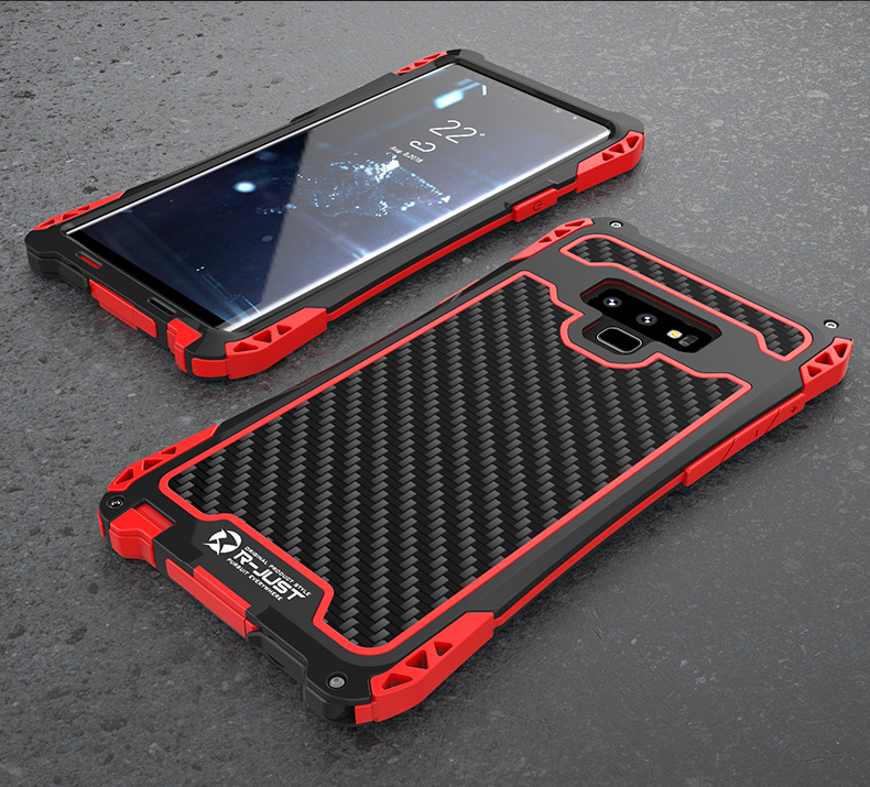 R-Just Amira Heavy Duty Dirtproof Shockproof Rainproof Aluminum Metal Bumper Carbon Fiber Back Cover Case for Samsung Galaxy Note 9
