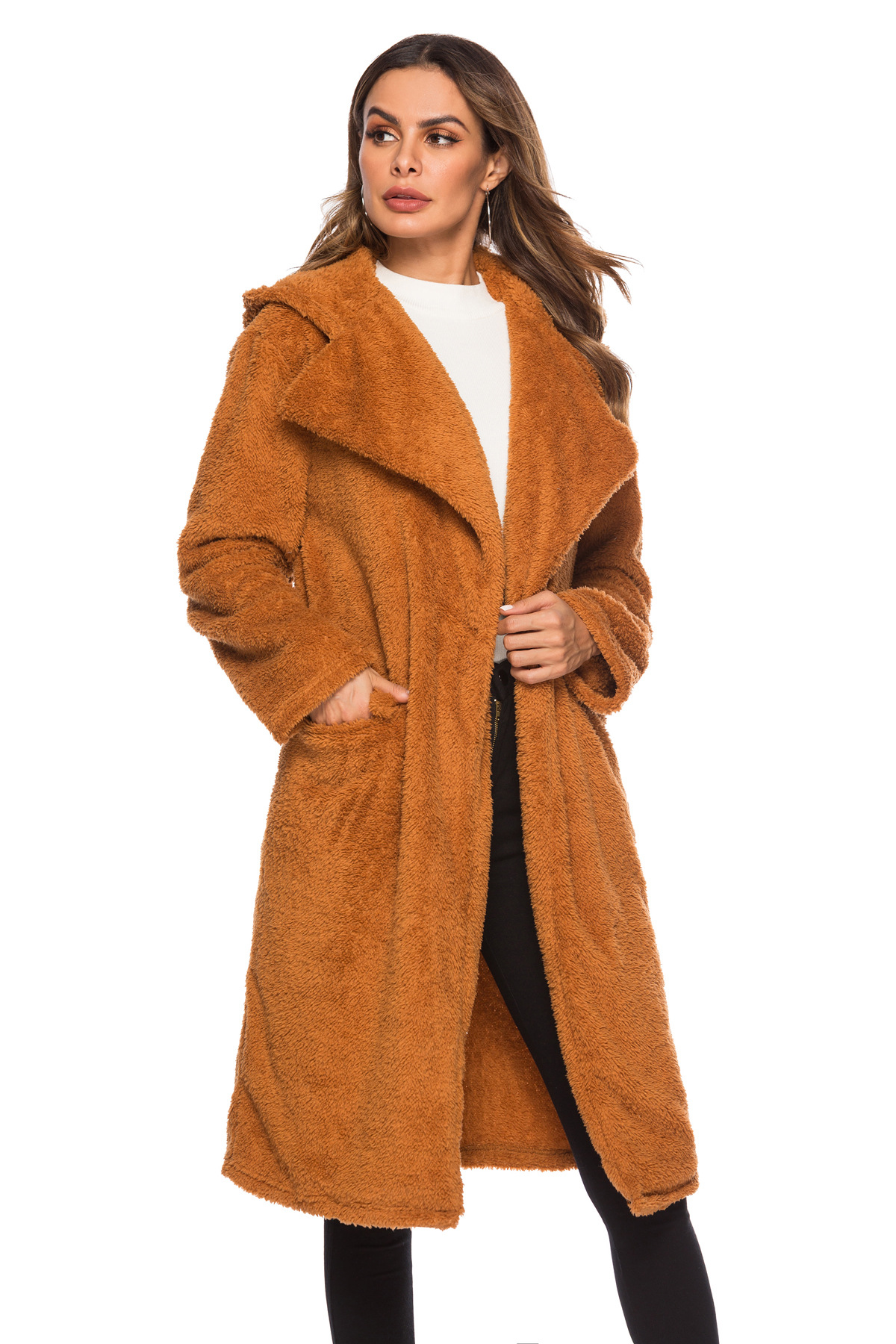 Abrigo largo de lana para mujer solapa con capucha bolsillo vertical paño de lana NSDF1314