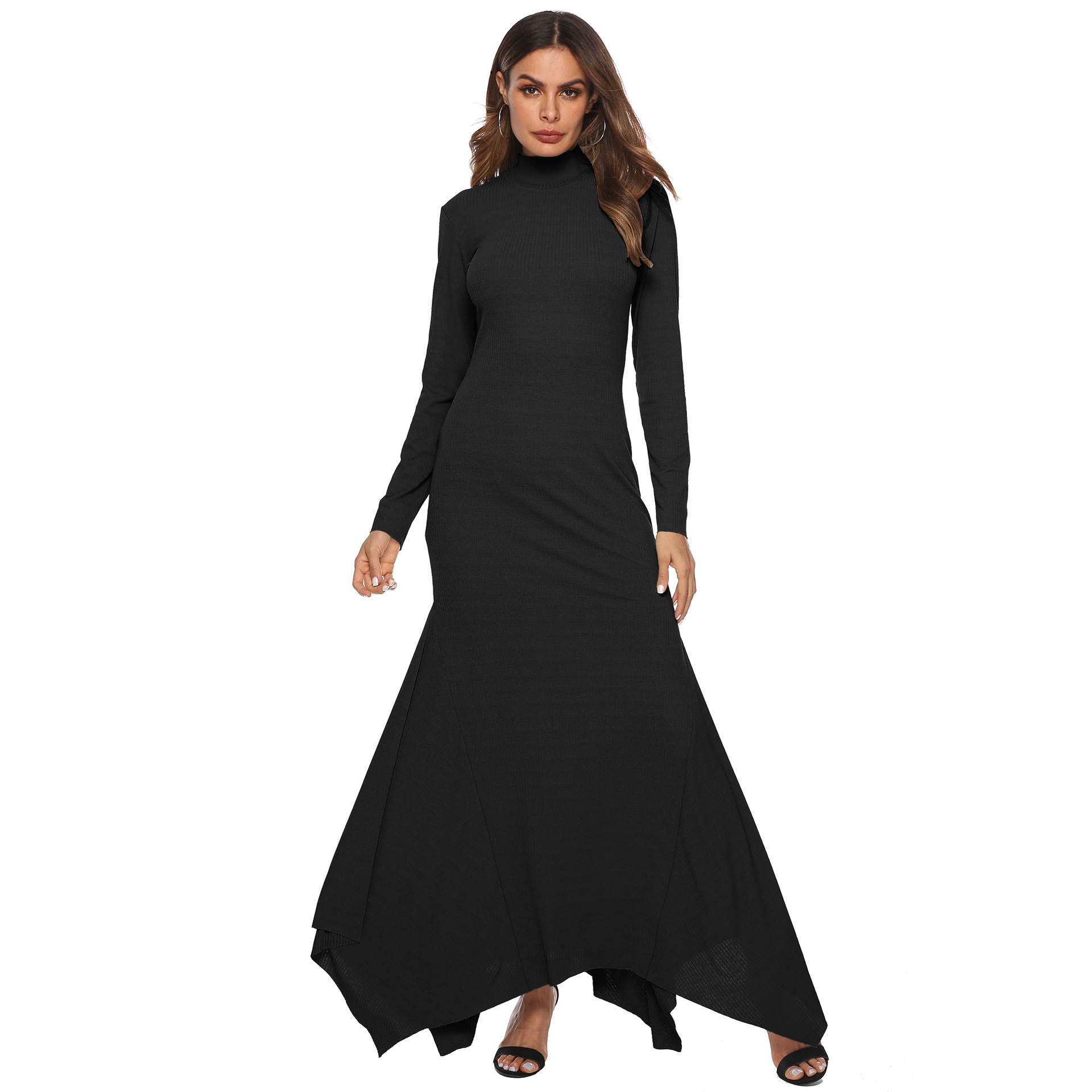 High Stretch Ribbed Turtleneck Fishtail Maxi Dress Slim Fit Asymmetrical Hem Elegant Style Wholesale Available
