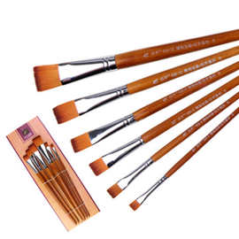 厂家供应6支木杆水彩画笔套装 丙烯尼龙毛笔刷 油画笔套装