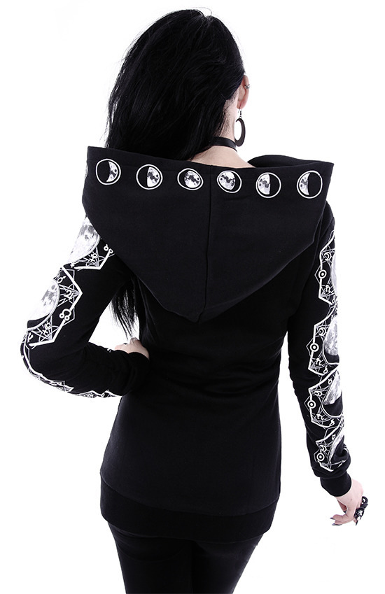 Punk Peng Hooded Moon Print Black Long Sleeve Sweatshirt_voghion.com