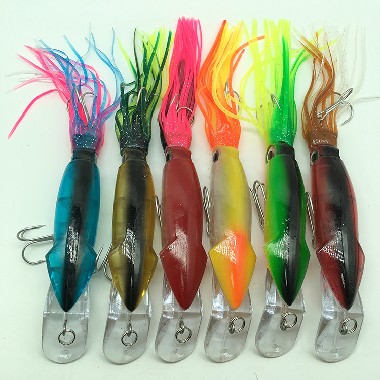 6 Pcs Large Simulation Squid Fishing Lures Baits Squid Skirts Hard Fishing Lures Lifelike Swimbait Octopus Bait Trolling Lures Saltwater with 2 Treble Minnow Hooks