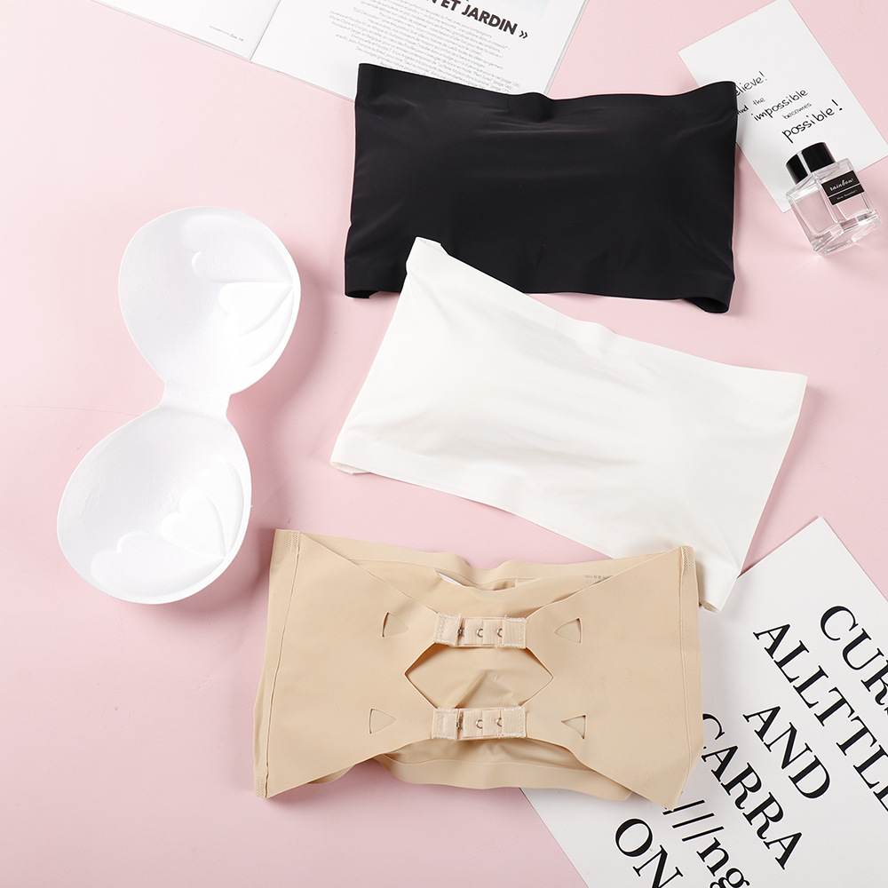 无痕一片式裹胸冰丝美背一字围无肩带抹胸防走光带胸垫背心*9254