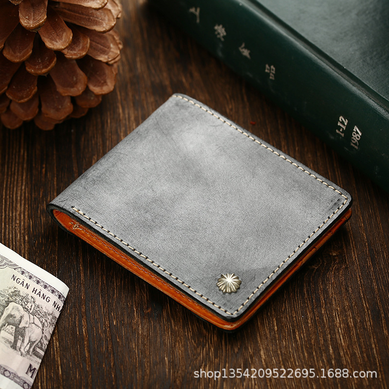 Original handmade first layer vegetable tanned cowhide inlaid with silver nail fog wax vegetable tanned leather leather simple short wallet financial cloth