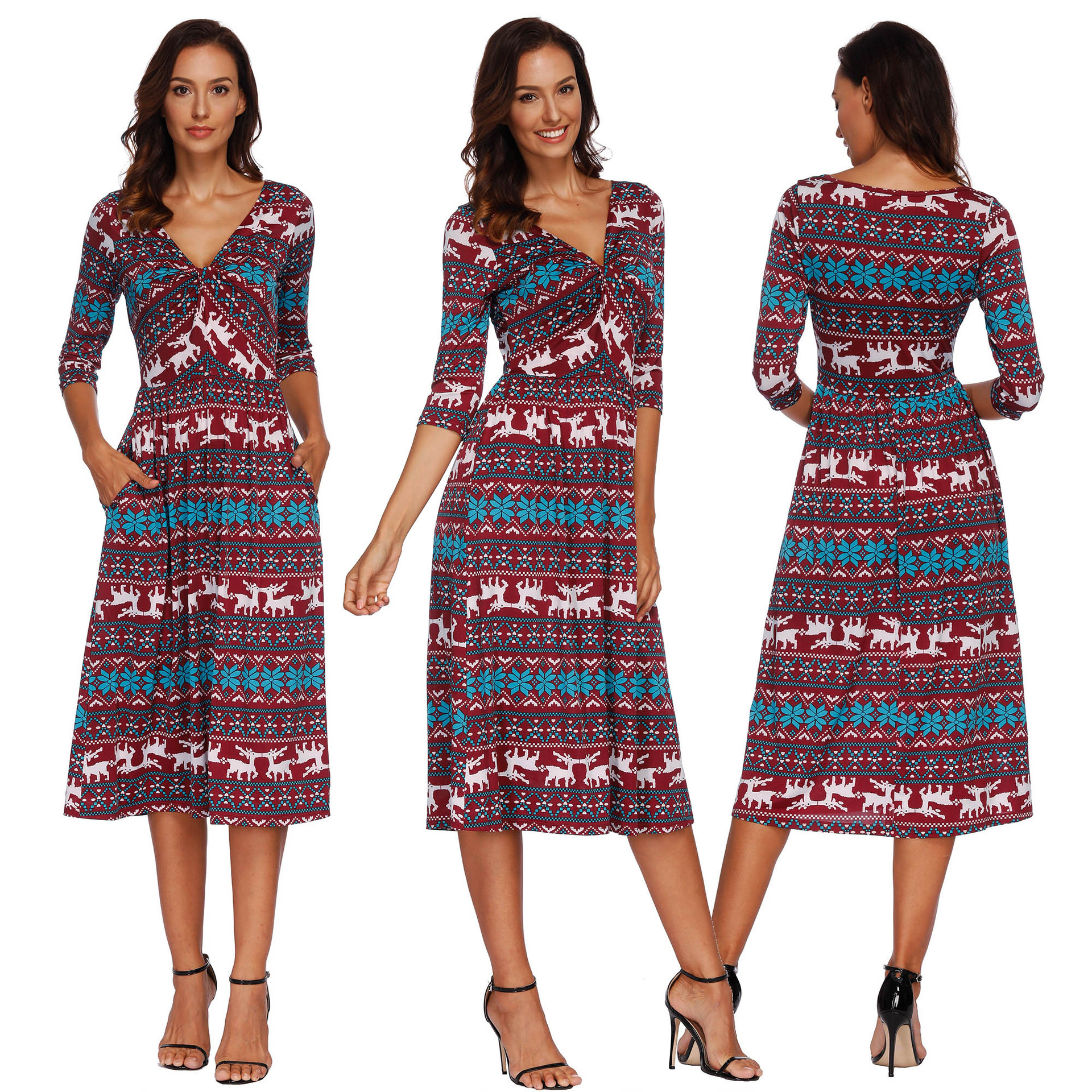 Christmas Reindeer Print Dress Three Quarter Sleeve Double Pockets Casual Style Wholesale Available