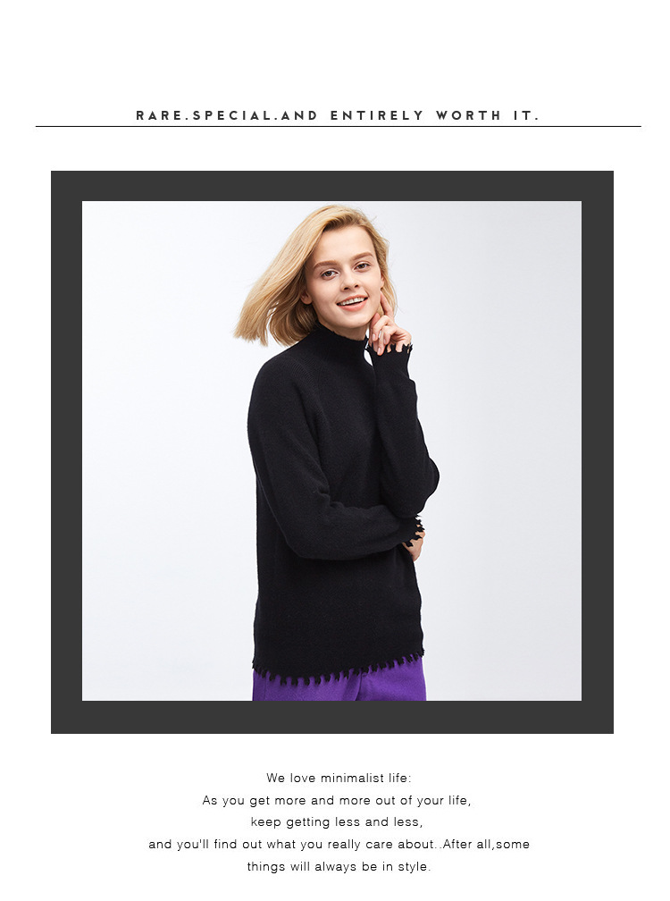 新款女士半高領套頭小流蘇花邊打底羊絨衫廠家直銷百搭款