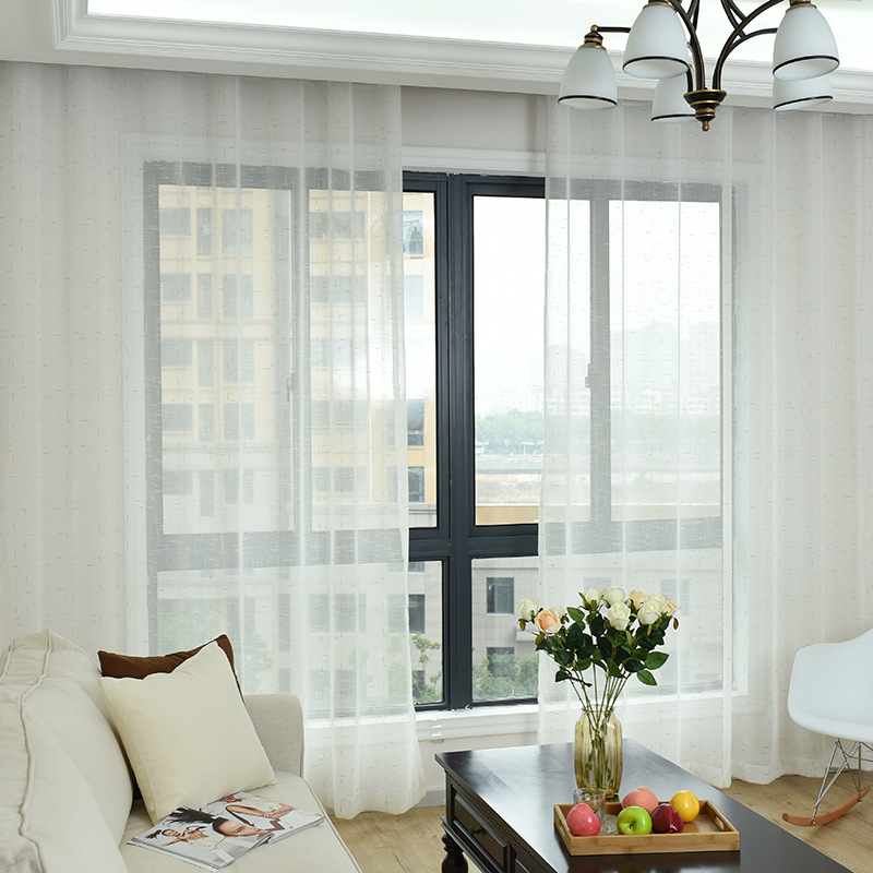 新款 北欧简约仿麻纱 卧室客厅透光窗帘 清新纯色 格子窗纱花洋彩