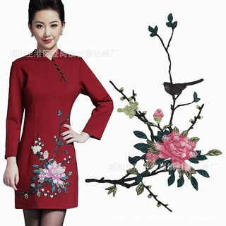 创豪绣品 喜鹊登梅水溶绣花刺绣布贴机绣花鸟贴花