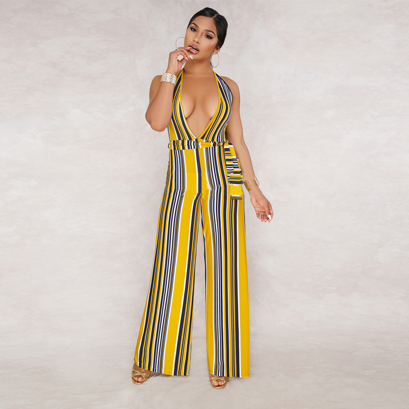 V-Neck Halter Striped Jumpsuit NSXYZ81584