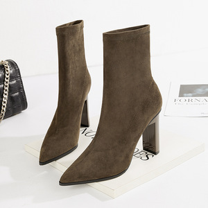 Pointed suede thick heel women's boots are thin， elastic and versatile thin boots