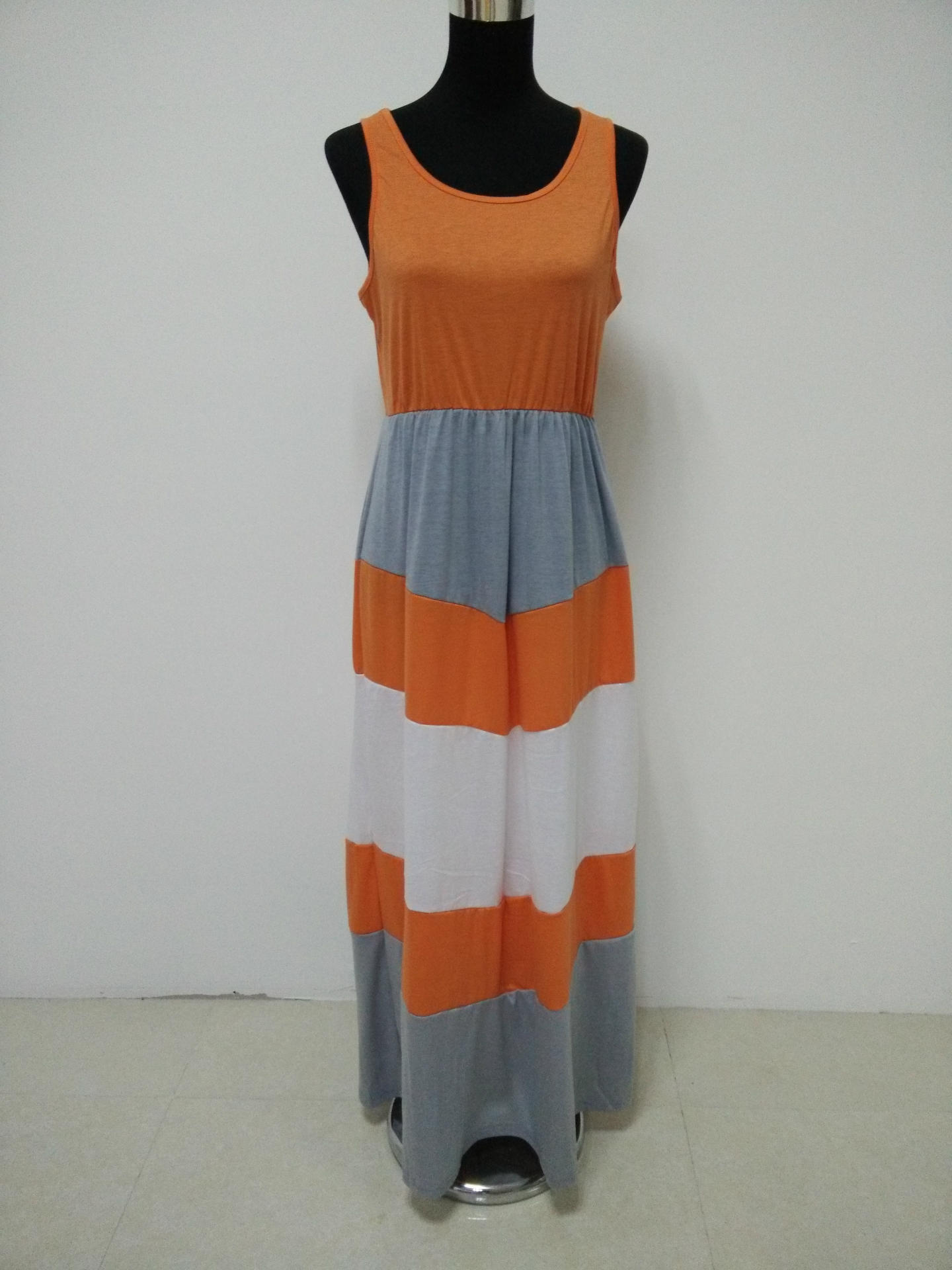 Color Block Orange and Gray Striped Beach Dress Casual Summer Style Lightweight Fabric for Women Wholesale Available