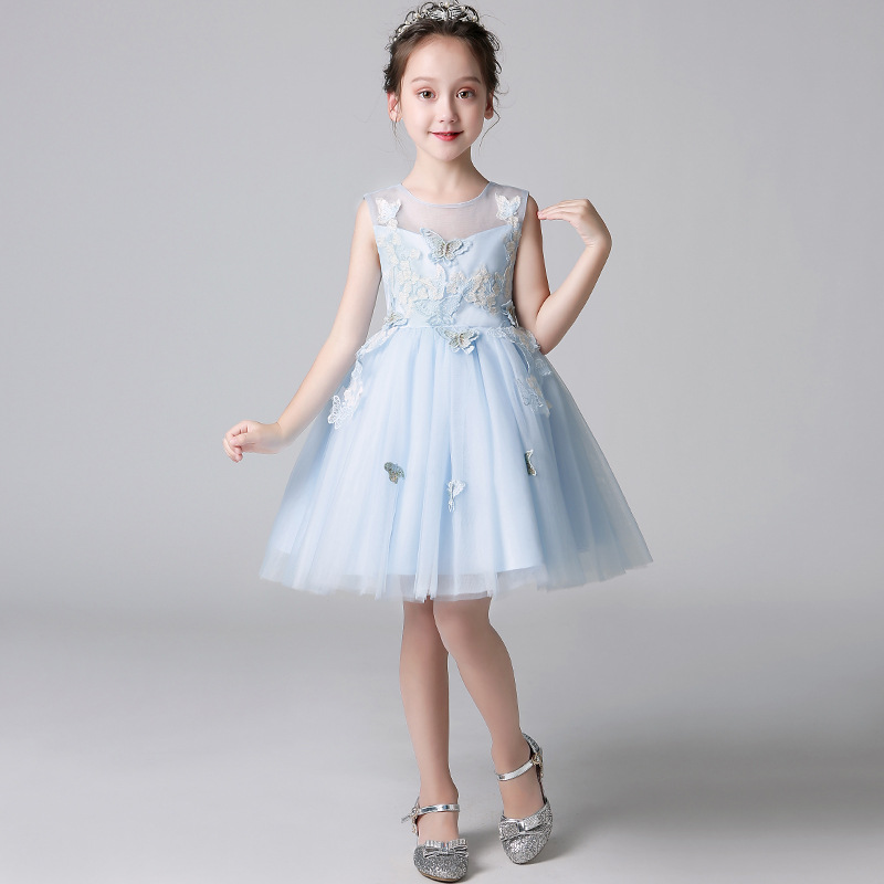 丽兰朵女童蓬蓬纱公主裙花童粉色婚纱礼服儿童蓝色演出服夏季新款|ms