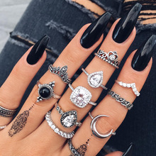 外贸流行时尚女式复古古银满钻玻璃水晶月亮戒指组合11件套装