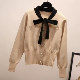 Autumn knitted cardigan with bow, short-length sweater jacket, high-waist, one size