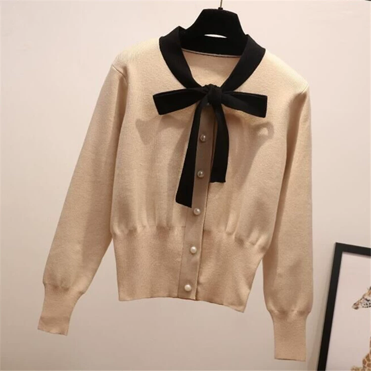 Autumn knitted cardigan with bow, short-length sweater jacket, high-waist, one size
