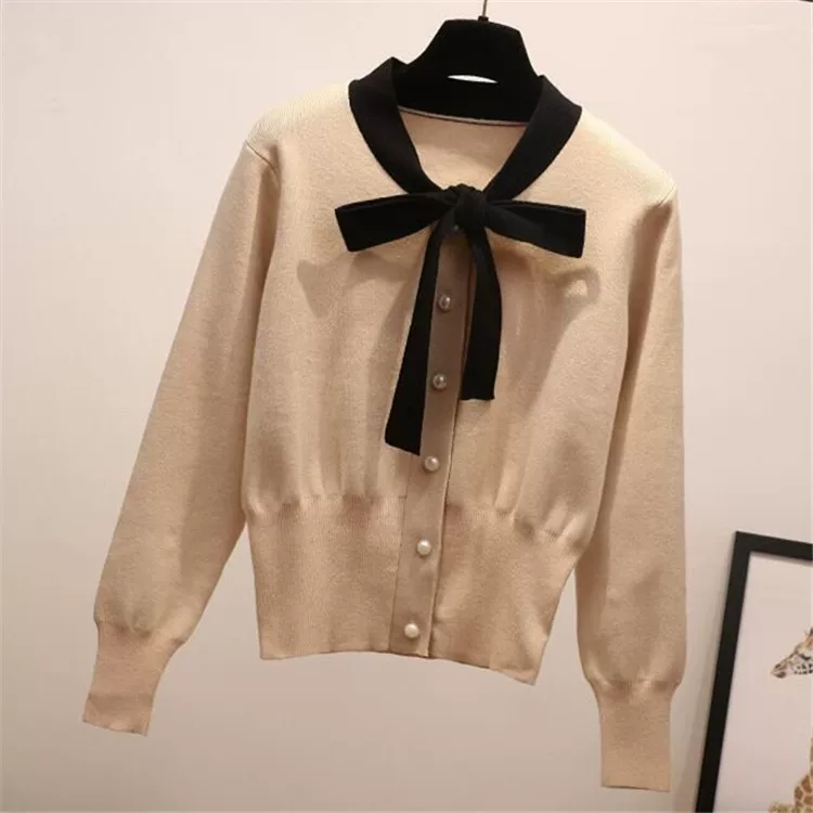Autumn knitted cardigan with bow, short-length sweater jacket, high-waist, one size