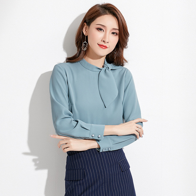 New Standing Tie Women’s Top Pure Color Elegant Long Sleeve Shirt 
