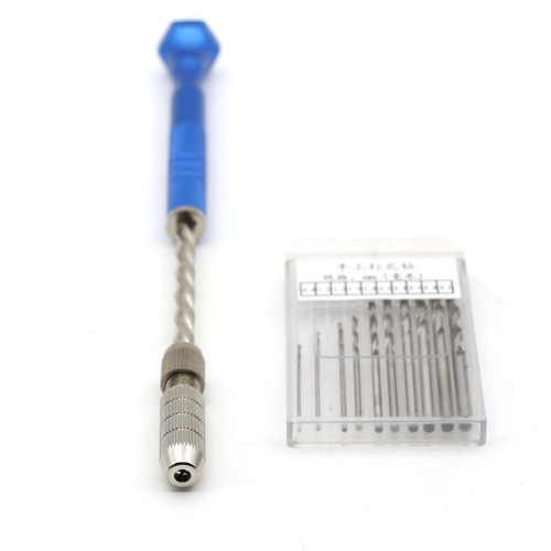 Blue extended semi-automatic hand twist drill for model aircraft DIY, with 10-piece set of 0.8-3.0mm twist drills