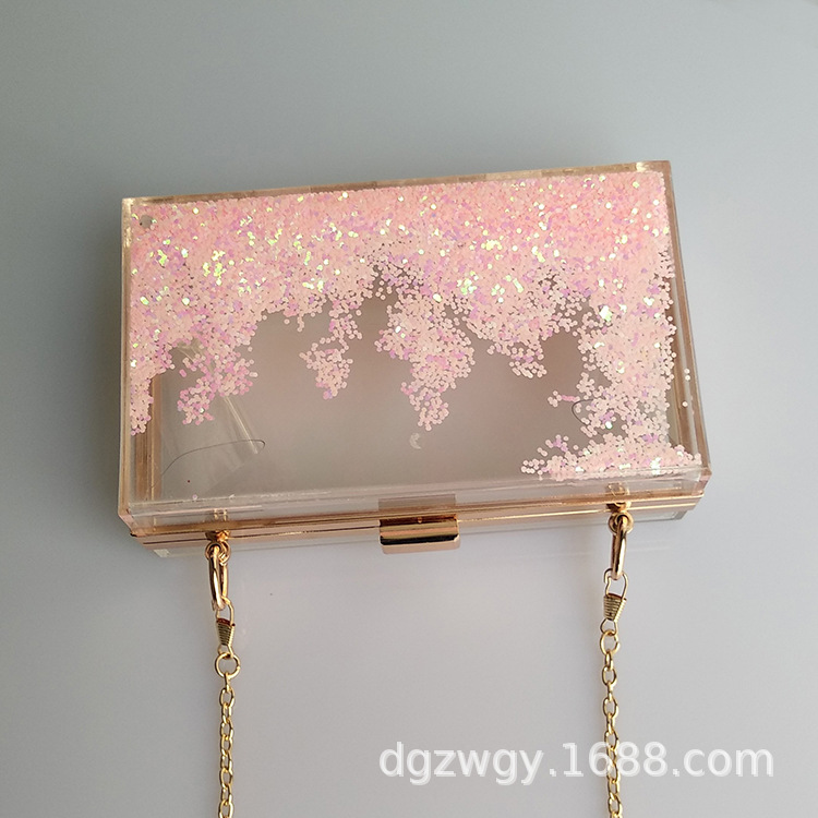 粉色流沙亚克力女包 创意链条单肩晚宴包 宴会斜挎有机玻璃女包