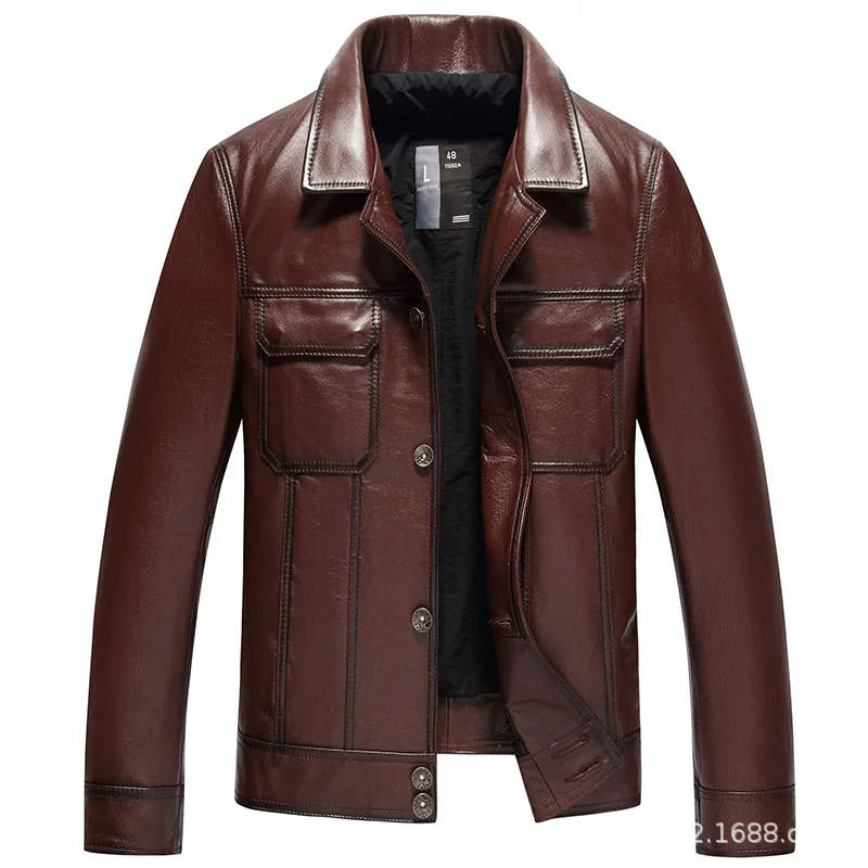Leather jacket, cowhide, genuine leather, square neckline
