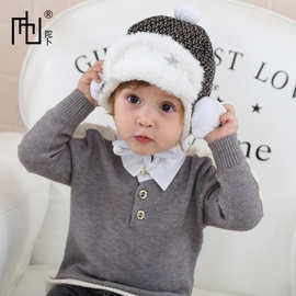 日单 毛线加绒保暖儿童帽 带毛球护耳雷锋帽婴幼儿童加厚保暖帽子