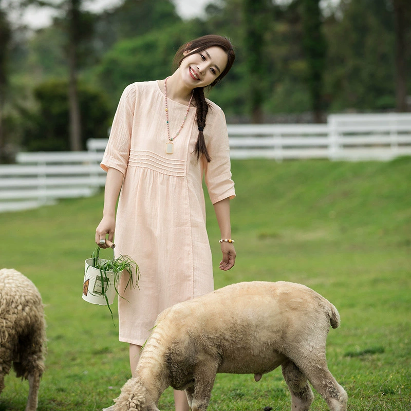 Женская одежда из хлопка и льна оригинального дизайна, Новинка лета 2020, плиссированное длинное платье рами, свободный стиль для путешествий