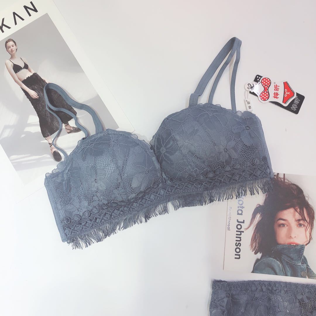 8203 Jade Rabbit Essence Sexy Lace Tassel Medium Thick No Steel Ring Bra Set Small Chest Gathering Women's Underwear_voghion.com