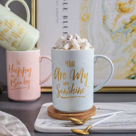 马卡龙哑光陶瓷色釉马克杯早餐带盖咖啡水杯简约情侣礼品定图案