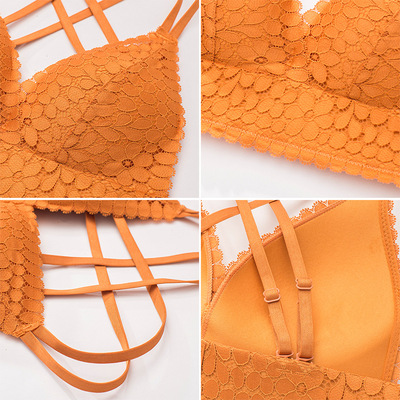 法式bralette性感交叉美背内衣套装无钢圈黑色时尚花卉文胸