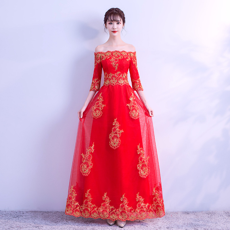 Toast Dress Bride Long 2023 New Red Pregnant Women's Wedding Dress Spring Slim-fit Off-shoulder Evening Dress