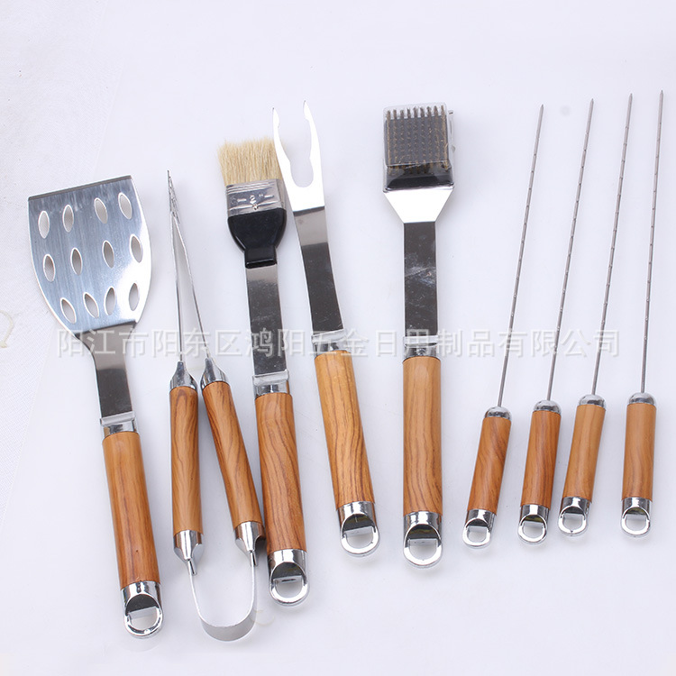 Directo de fábrica barbacoa parrilla mango de plástico parrilla 9 piezas de cartón conjunto de acero inoxidable utensilios de barbacoa al aire libre