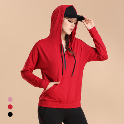 厂家新款女士瑜伽服长袖 透气健身上衣连帽衫 跑步休闲运动外套女|ru