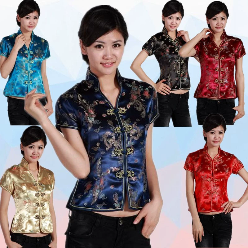 Оптовая продажа шелка и атласа темно-синего чайного домика Национальная рабочая одежда с короткими рукавами весна и лето осень Топ Ретро китайские женщины Тан