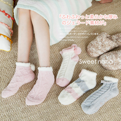 日系新品 秋冬保暖襪蝴蝶結珊瑚絨女襪子 防滑點膠家居襪月子襪