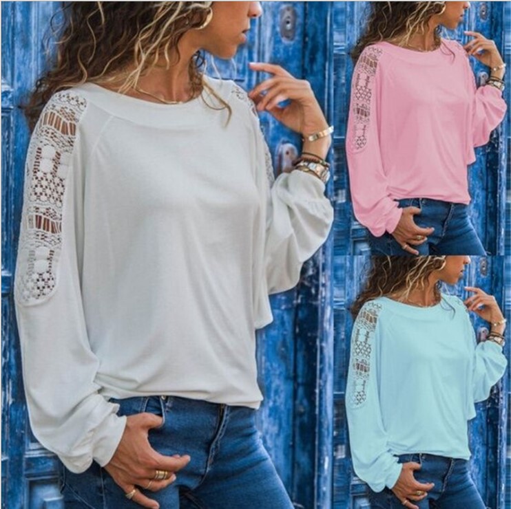 Cross-border wish Hot Women's T-shirt autumn new large size loose lace solid color long sleeve T-shirt in large quantities in stock Cross-border wish Hot Women's T-shirt autumn new large size loose lace solid color long sleeve T-shirt in large quantities in stock