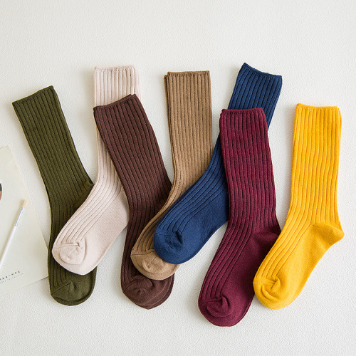 Japanese solid color women's cotton socks mid-calf double-needle striped pile socks winter socks women's Zhuji street stall women's socks wholesale