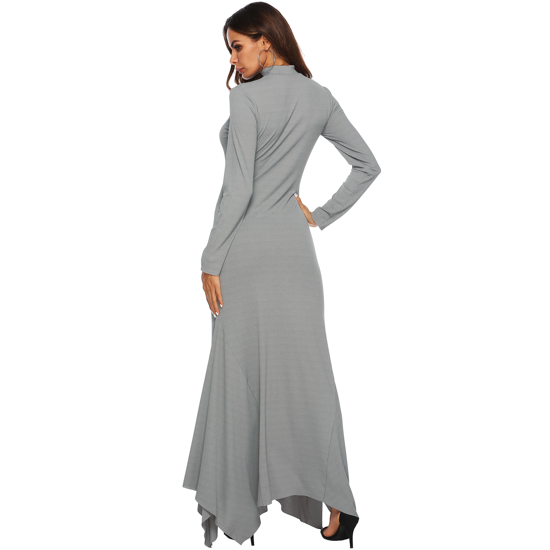 High Stretch Ribbed Turtleneck Fishtail Maxi Dress Slim Fit Asymmetrical Hem Elegant Style Wholesale Available