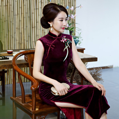 Chinese Dress cheongsam for womenLong cheongsam season women&apos;s retro style catwalk dress