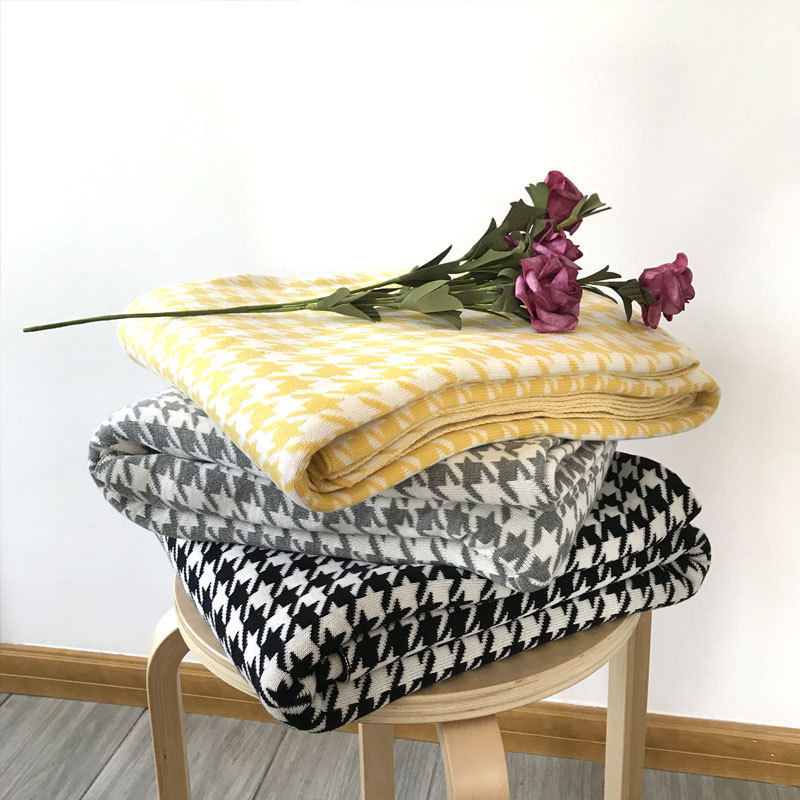 四季通用成人针织线毯130*180cm千鸟格子100%棉线空调毯沙发毯