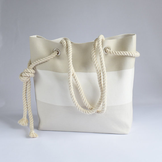 大号纯棉自然色条纹帆布棉绳手提购物包 灰色条纹棉沙滩手提包